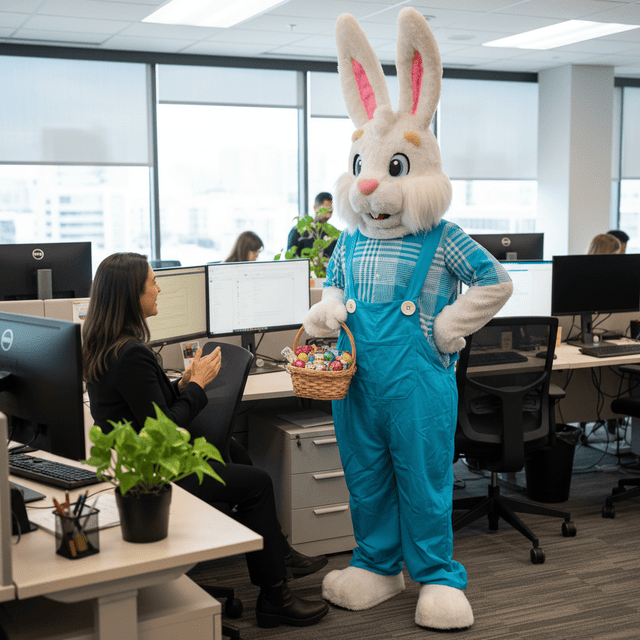Coelho da Páscoa em escritório e empresas interagindo com colaboradores