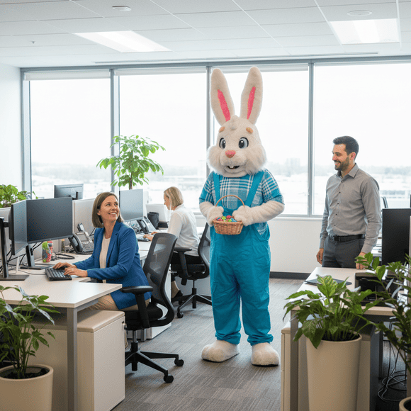 Coelho da Páscoa interagindo com colaboradores em um escritório durante ação corporativa de Páscoa