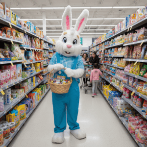 Coelho segurando um cesto com ovos de pascoa em um supermercado