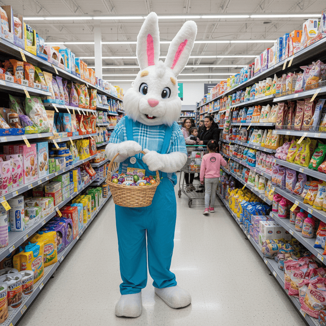 Coelho segurando um cesto com ovos de pascoa em um supermercado