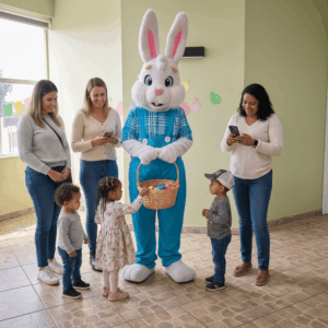 Coelho da Páscoa personagem vivo em ação de Páscoa com crianças e mães em ambiente interno organizado