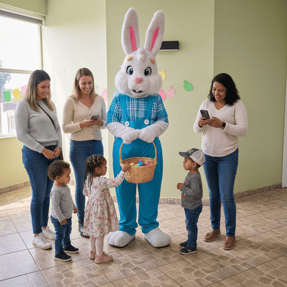 Coelho da Páscoa personagem vivo em ação de Páscoa com crianças e mães em ambiente interno organizado