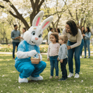 Coelho da Páscoa personagem vivo ajoelhado entregando ovos de Páscoa para duas crianças pequenas, com a mãe acompanhando em um parque ao ar livre