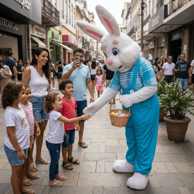 Coelho da Páscoa realizando ação promocional em comércio local com famílias