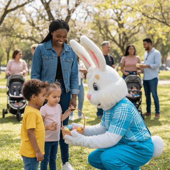 Personagem Coelho da Páscoa conversando com crianças pequenas em um parque, com a mãe sorrindo e acompanhando a interação