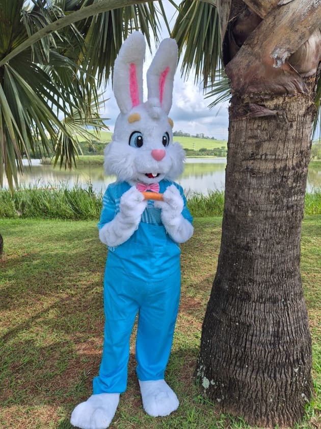 coelho branco com roupa azul e gravata borboleta rosa como mascote segurando uma cenoura e olhando para alguém