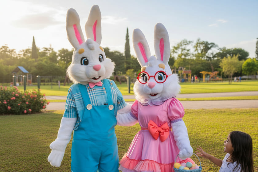 um casal de mascotes cabeção de coelho da pascoa no parque interagindo com duas crianças