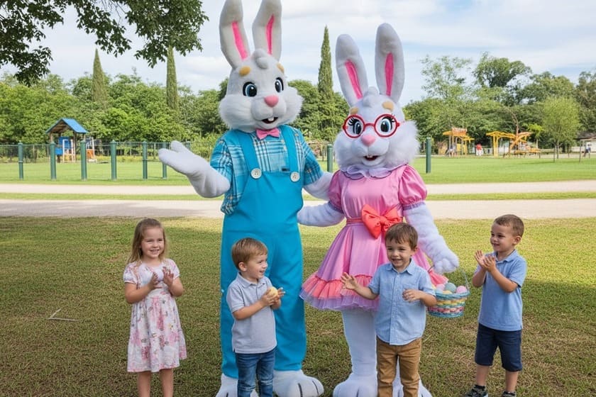dois coelhos, um casal, mascote fantasiados de cabeção com crianças no parque
