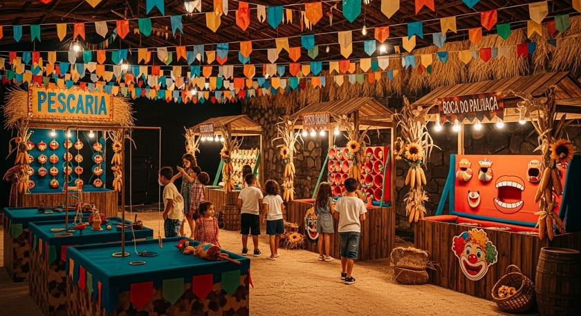 Barracas de brincadeiras para festa junina com pescaria, boca do palhaço e jogo de argolas em um arraial decorado com bandeirinhas e crianças participando das atividades