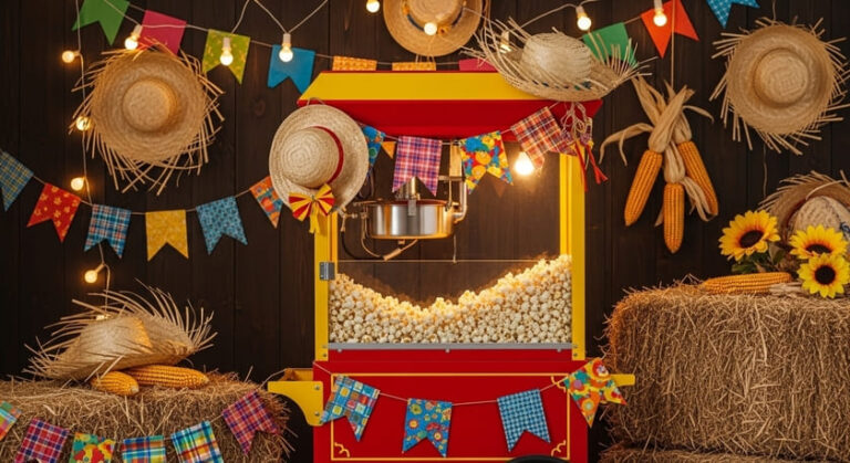 Carrinho de pipoca decorado para festa junina com bandeirinhas, chapéus de palha e fardos de feno