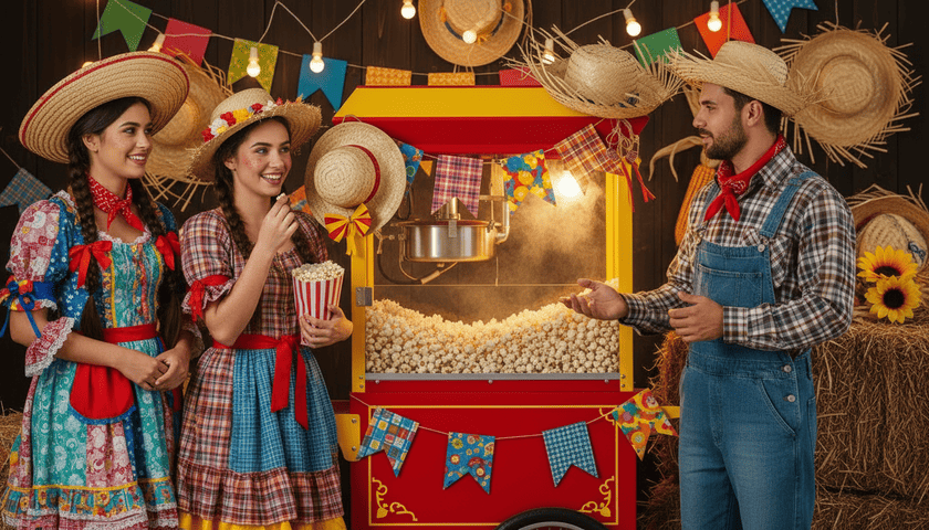 Carrinho de pipoca em festa junina com convidados e decoração típica do arraial