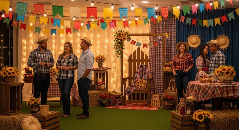 várias pessoas adultas conversando com uma decoração de festa junina