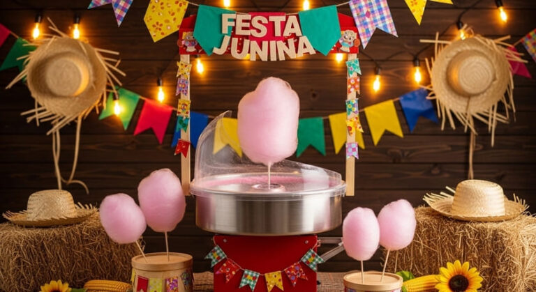 Máquina de algodão doce decorada para festa junina com bandeirinhas, chapéus de palha e fardos de feno