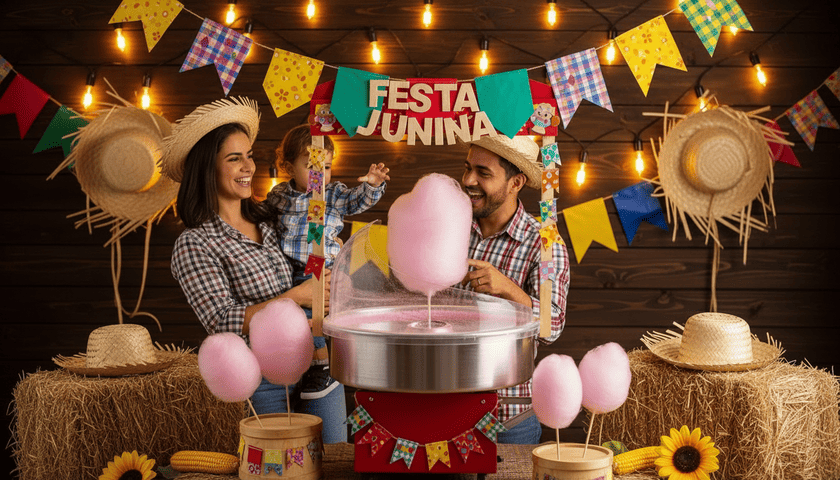 Máquina de algodão doce em festa junina com família e decoração típica do arraial