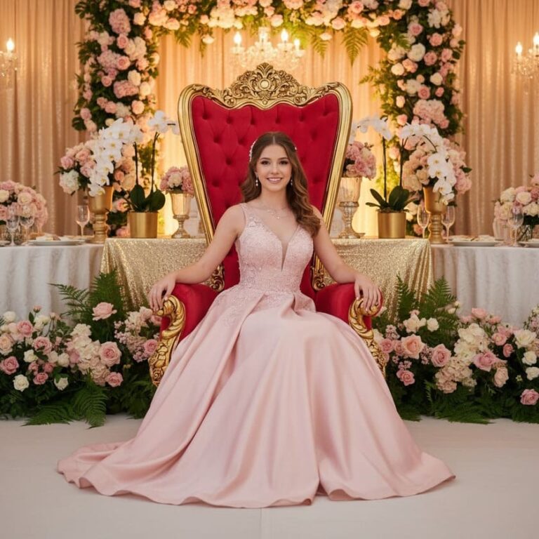 debutante sentada em trono real vermelho com detalhes dourado. Ela com vestido lilás, decoração ao fundo no mesmo tom do vestido com flores e taças