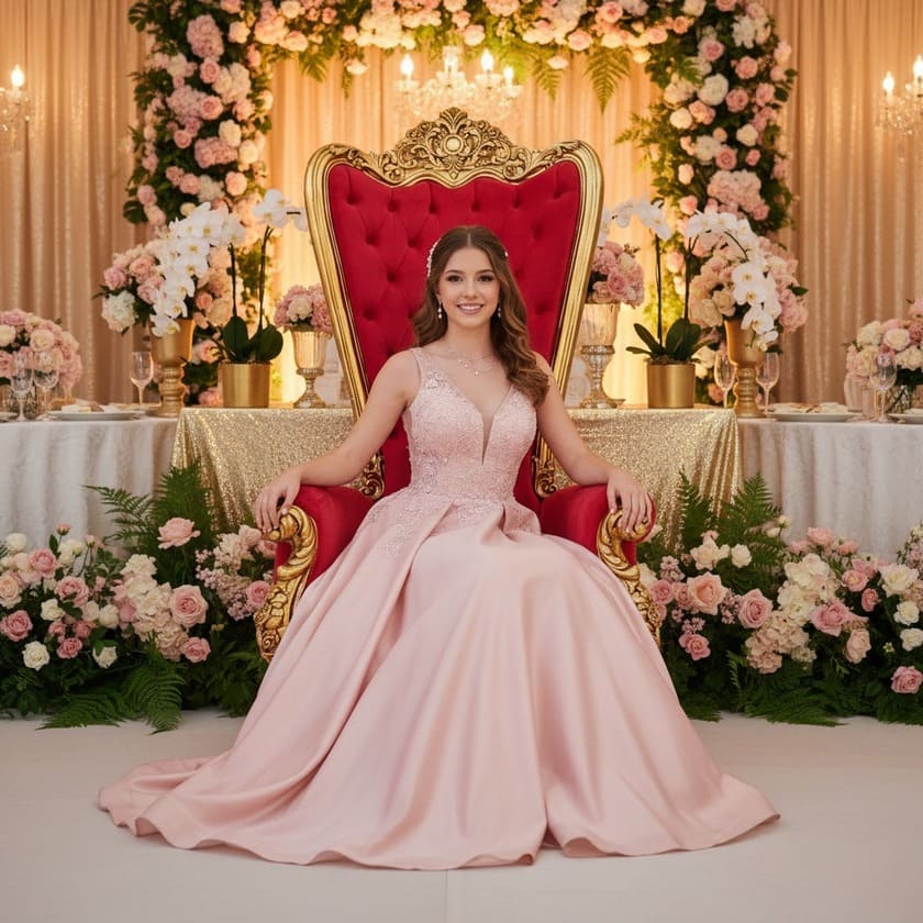 debutante sentada em trono real vermelho com detalhes dourado. Ela com vestido lilás, decoração ao fundo no mesmo tom do vestido com flores e taças