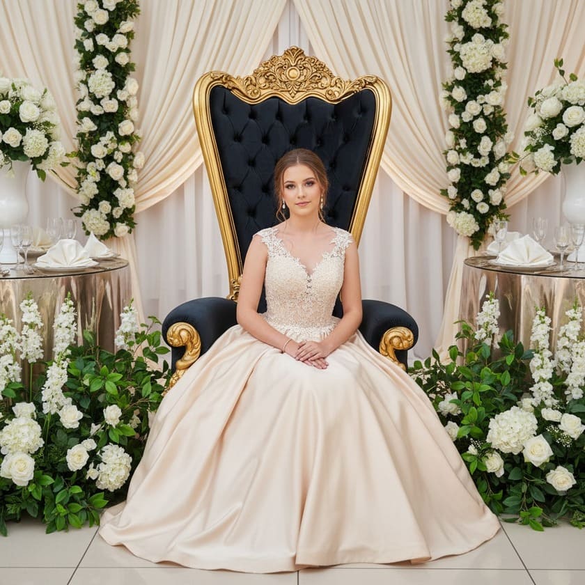 debutante sentada no trono imperial preto com detalhes em dourado. Ela com vestido cor creme, decoração com flores brancas ao lado e duas pequenas mesas completam a foto