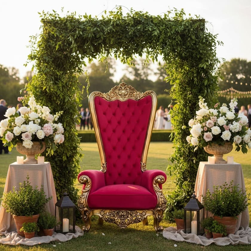 Trono imperial vermelho com detalhes dourado no campo embaixo de um arco com folhas verdes e de cada lado um arranjo com flores brancas e vela.