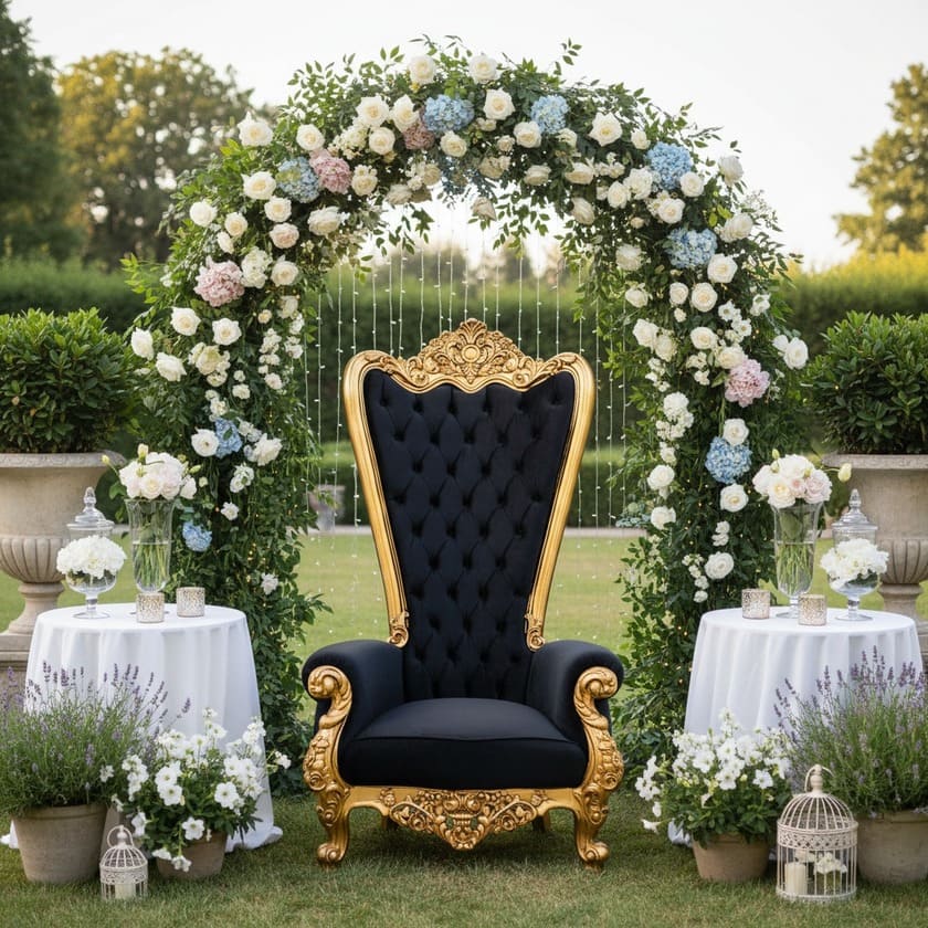 trono imperial preto em um sitio para casamento, ele embaixo de um arco com flores branca e azul, uma mesa de cada lado completam a cena