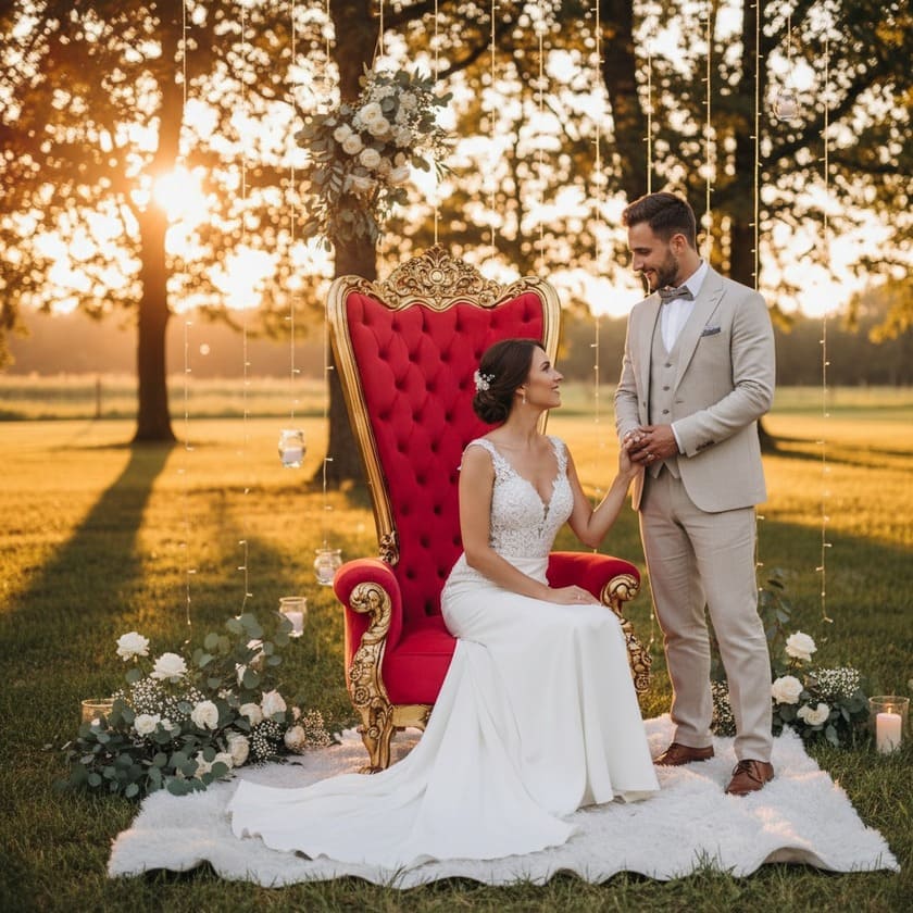 fotografia de casamento no campo, um tapete no claro no chão, sobre ele uma poltrona imperial flores do lado, o noivo segurando a mão da noiva, completa com o por do sol no fundo e as sombras das arvores
