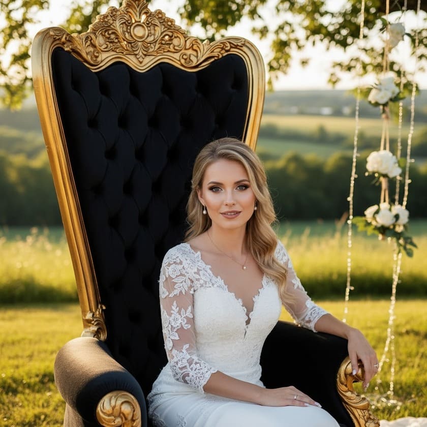 Noiva sentada na cadeira preta imperial com detalhes dourado, detalhes com flores penduradas do lado e ambiente campestre completam a cena