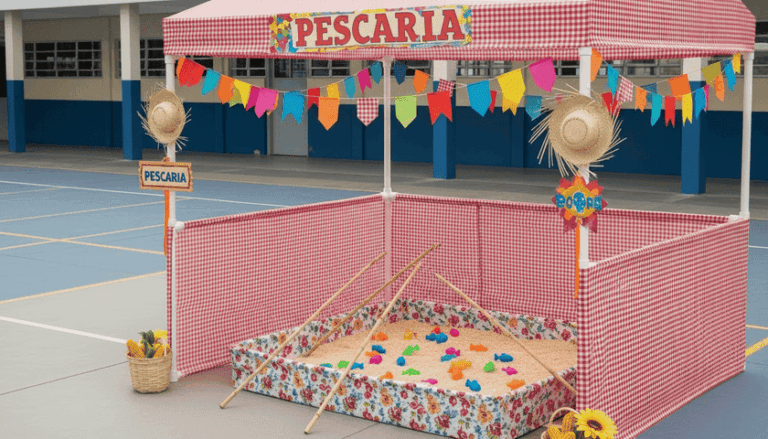 Barraca de pescaria infantil para festa junina em uma quadra dentro de uma escola