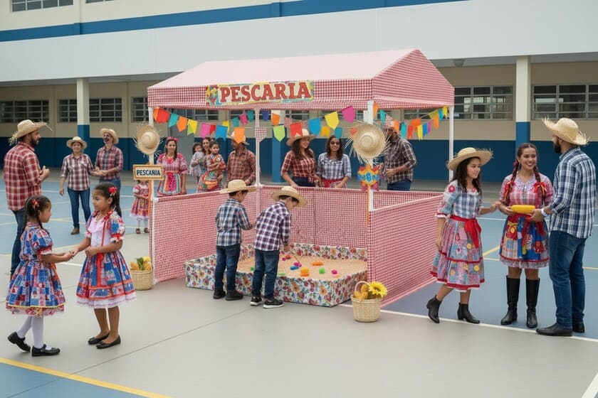 barraca festa junina, duas crianças pescando de brincadeira. Barraca no alto escrito Pescaria. Varias pessoas caracterizadas pela quadra