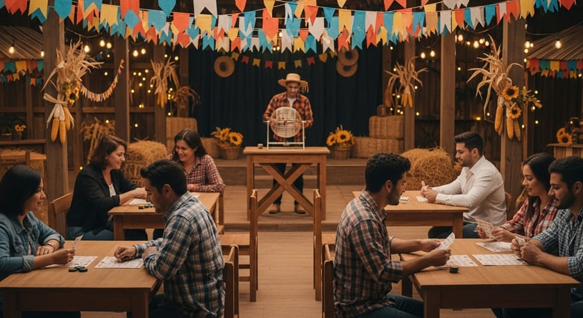 várias pessoas brincando de jogar bingo em festa junina