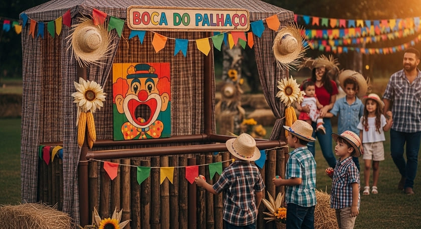 Tres crianças diante de uma barraca da boca de palhaço, enquanto uma familia se aproxima. Ao fundo decoração com bandeirinhas da festa junina