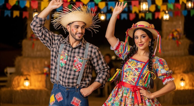 Casal caipira animando festa junina em evento com decoração típica e bandeirinhas.