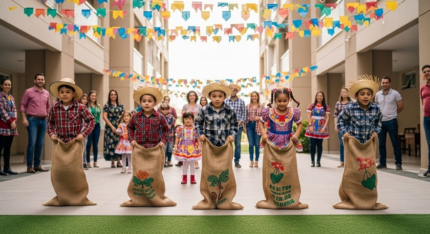 festa junina em um condominio, adultos no fundo torcendo. Cinco crianças brincam e interagem bricando de pular saco com a decoração junina no alto