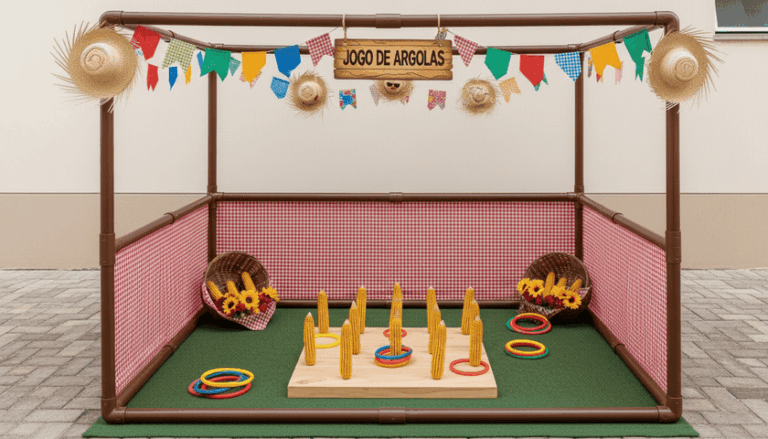 barraca de festa junina, jogo de argolas. Ao centro varias espigas de milho, bandeirinhas e chapeu completam a cena