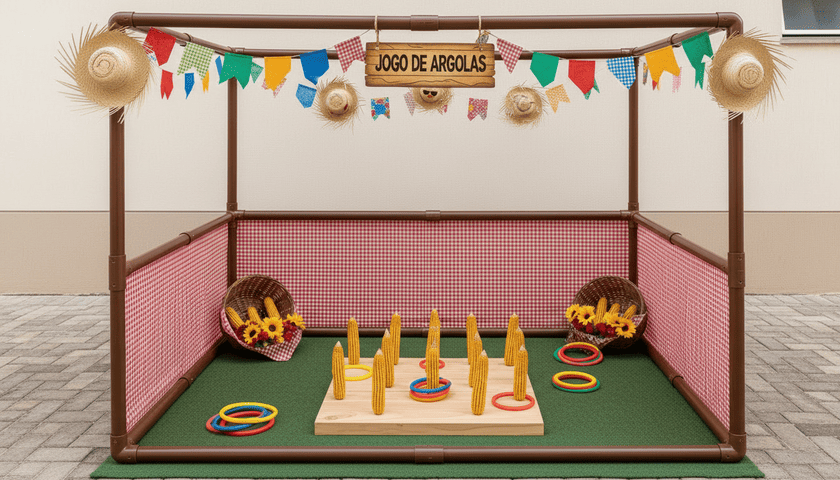 barraca de festa junina, jogo de argolas. Ao centro varias espigas de milho, bandeirinhas e chapeu completam a cena