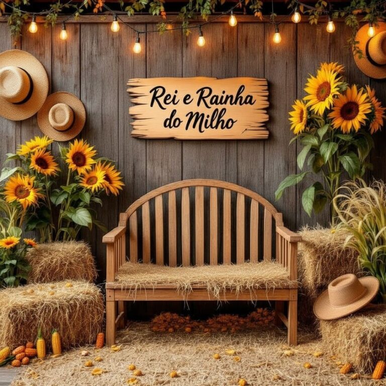 Cenário de festa junina com trono Rei e Rainha do Milho para fotos em eventos