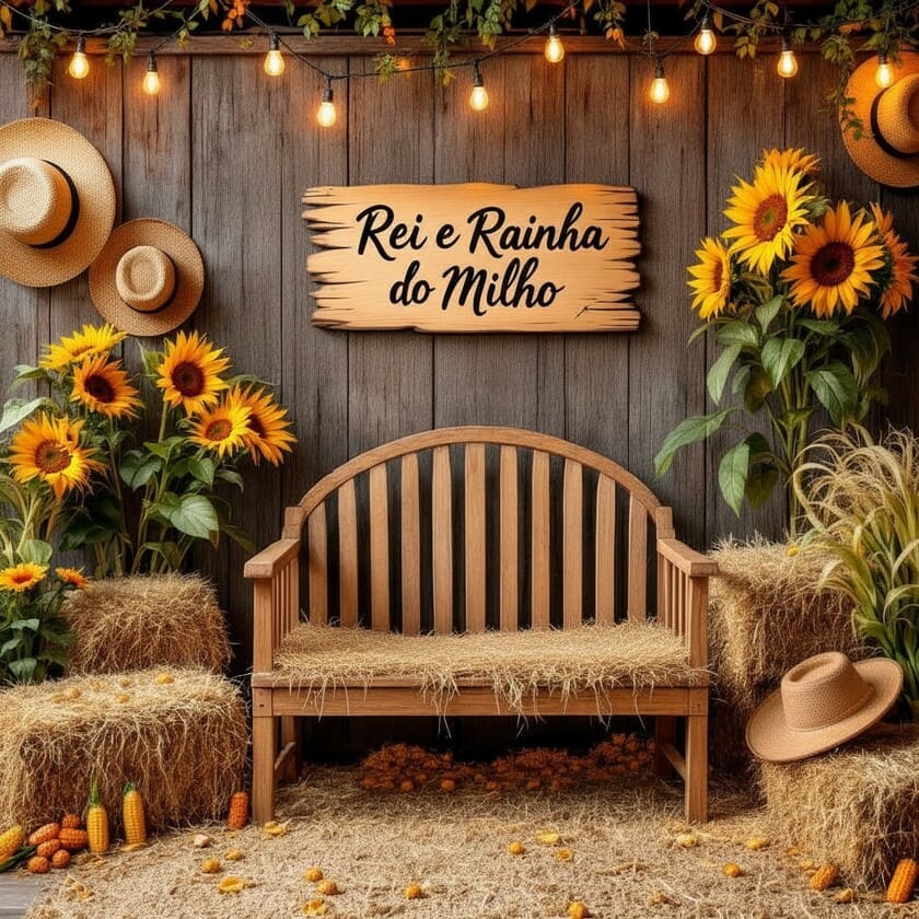 Cenário de festa junina com trono Rei e Rainha do Milho para fotos em eventos