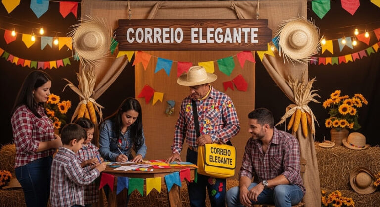 Correio elegante em festa junina com mensageiro caipira entregando mensagens