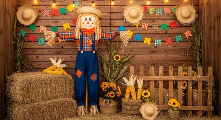 Espantalho gigante em cenário de festa junina decorado com feno, milho e bandeirinhas para fotos em eventos