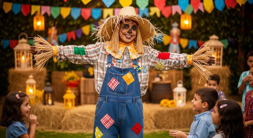 Espantalho itinerante interagindo com crianças durante festa junina com decoração típica e bandeirinhas coloridas