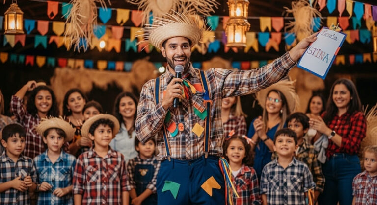 Apresentador caipira animando festa junina com microfone e público durante evento com decoração típica e bandeirinhas