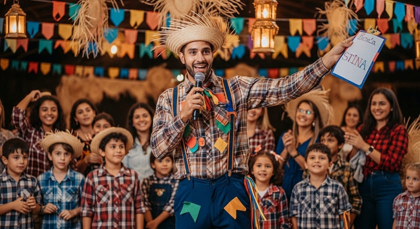 Apresentador caipira animando festa junina com microfone e público durante evento com decoração típica e bandeirinhas