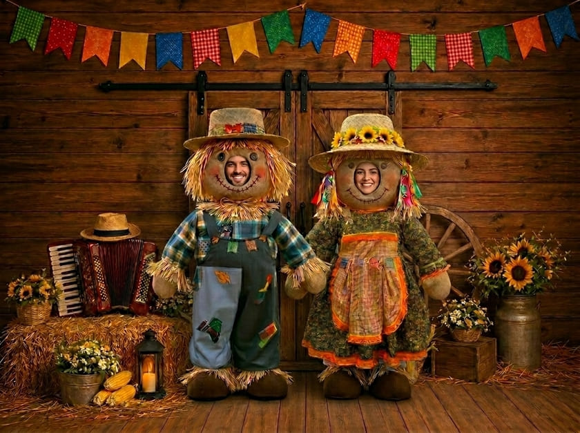 Espantalhos como ponto de foto para festa junina e um casal tirando foto