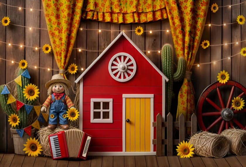 painel de festa junina com casinha vermelha, espantalho, feno e decoração rústica para fotos em evento