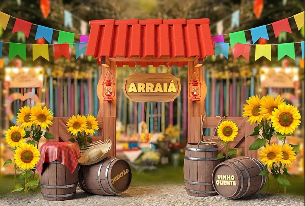 painel de festa junina com placa arraia, girassois, barris e bandeirinhas coloridas para fotos em evento