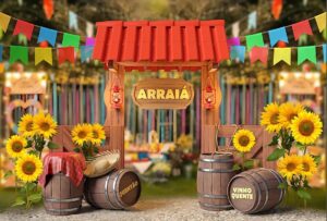 painel de festa junina com placa arraia, girassois, barris e bandeirinhas coloridas para fotos em evento