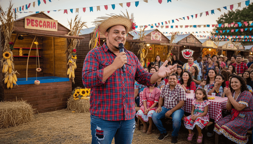 Apresentador caipira animando festa junina com público em evento