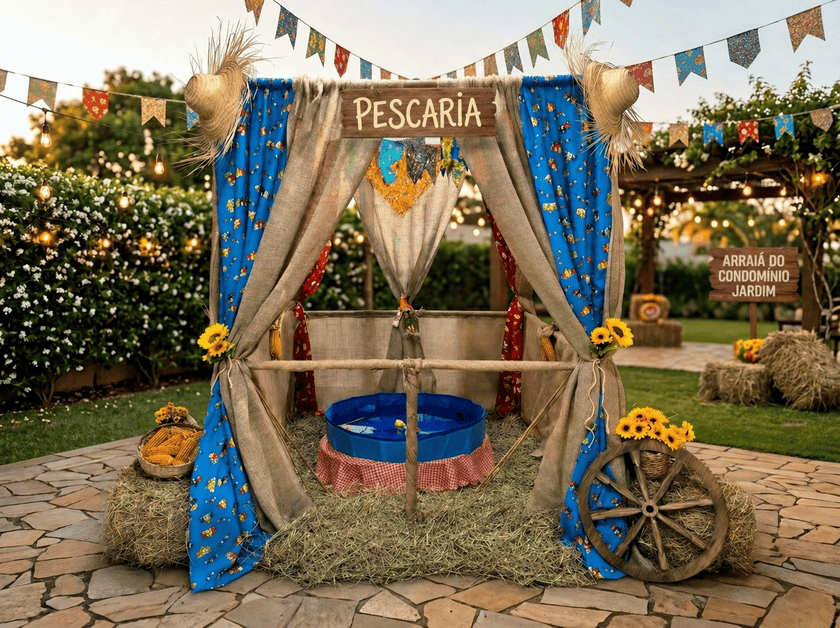 Barraca de pescaria decorada com piscina azul para festa junina