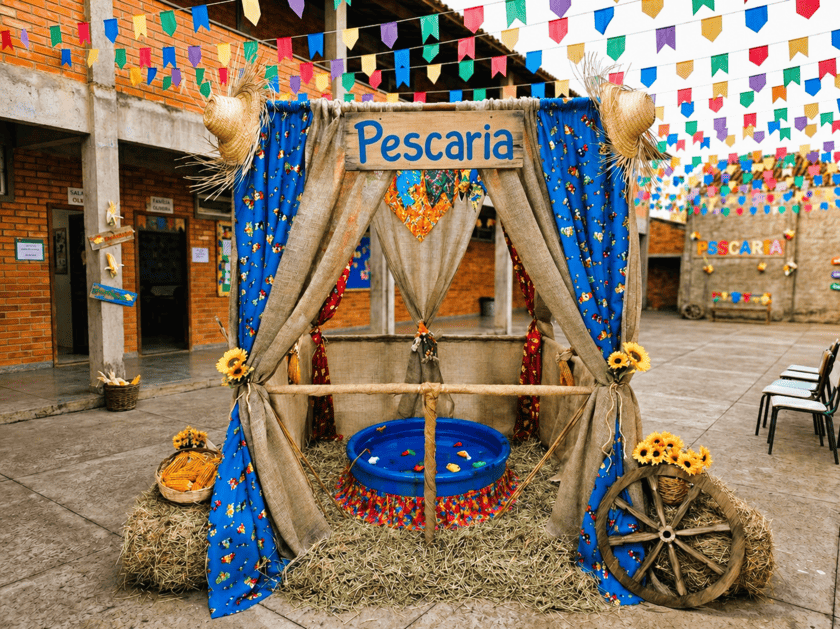 Barraca de pescaria para festa junina com placa decorativa e piscina azul em evento
