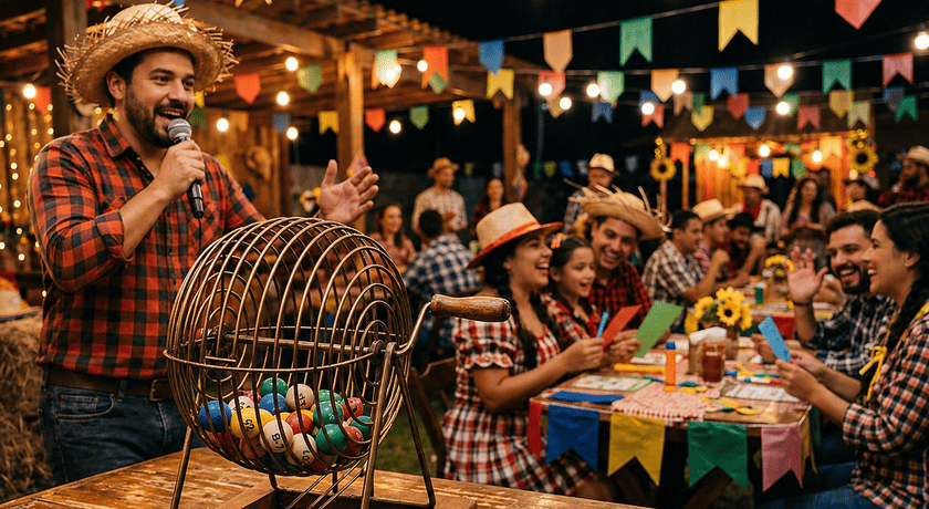 Globo de bingo em destaque com narrador animando festa junina