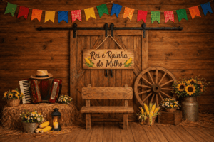 Cenário como ponto para foto em uma festa junina. Rei e Rainha do Milho