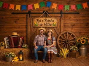 casal sentados em um banco rustico posando para foto numa festa junina